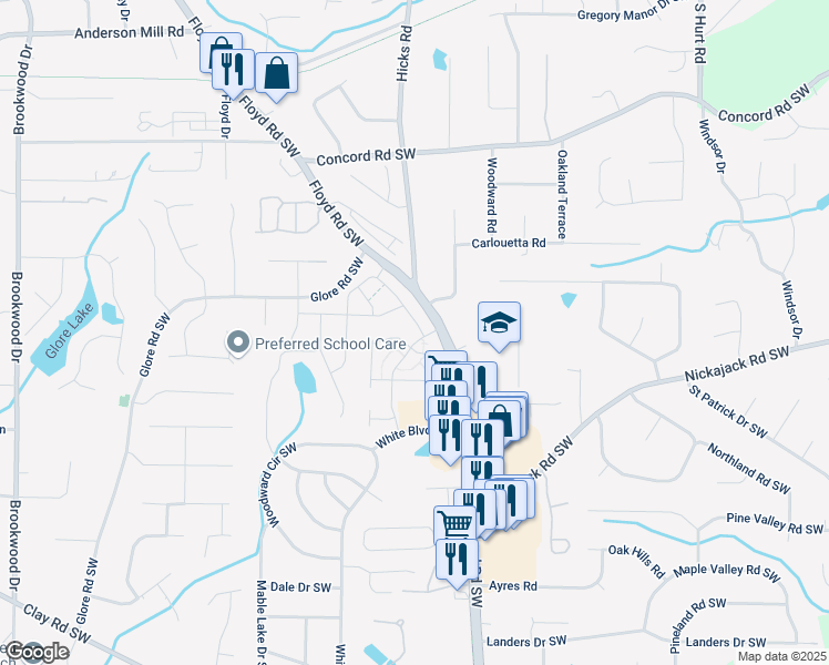 map of restaurants, bars, coffee shops, grocery stores, and more near 4629 Electric Avenue Southwest in Mableton