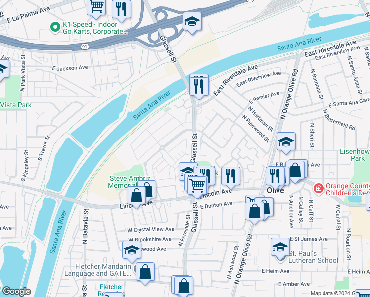 map of restaurants, bars, coffee shops, grocery stores, and more near 336 West Cork Tree Drive in Orange