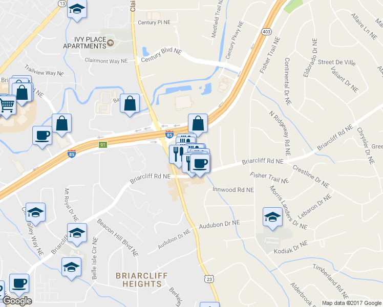 map of restaurants, bars, coffee shops, grocery stores, and more near 3120 Briarcliff Road Northeast in Atlanta