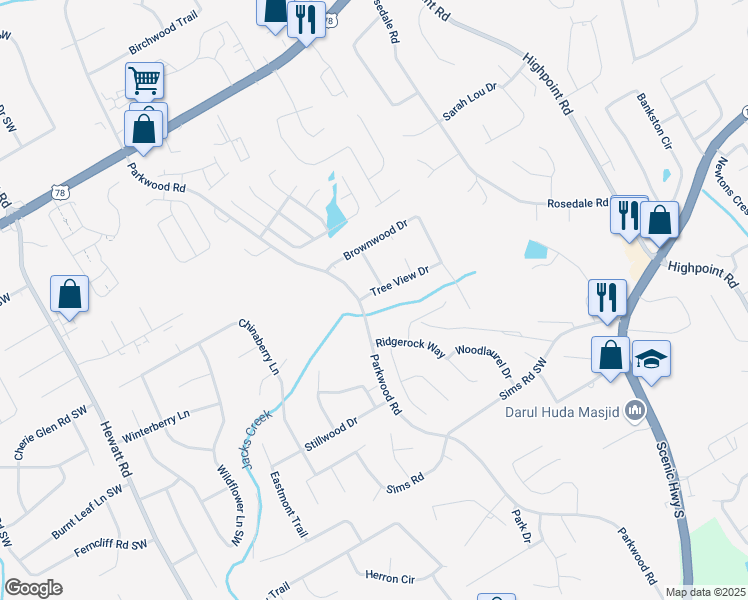 map of restaurants, bars, coffee shops, grocery stores, and more near 3612 Tree View Drive in Snellville