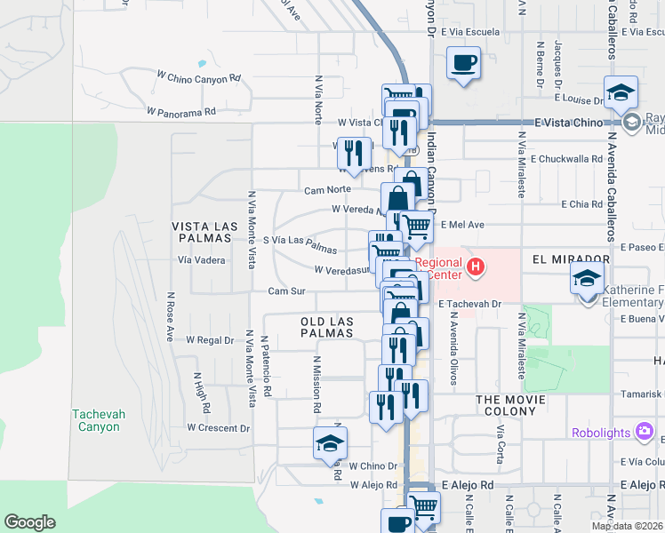 map of restaurants, bars, coffee shops, grocery stores, and more near 321 West Vereda Sur in Palm Springs