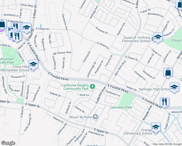 map of restaurants, bars, coffee shops, grocery stores, and more near 3195 Armstrongs Drive in Corona