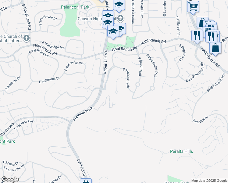 map of restaurants, bars, coffee shops, grocery stores, and more near 695 South Frontier Court in Anaheim
