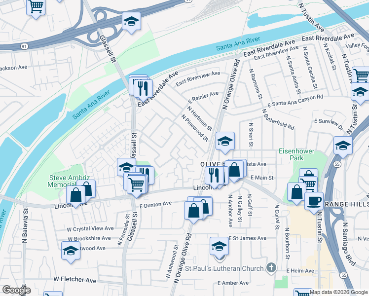map of restaurants, bars, coffee shops, grocery stores, and more near 2943 North Cottonwood Street in Orange