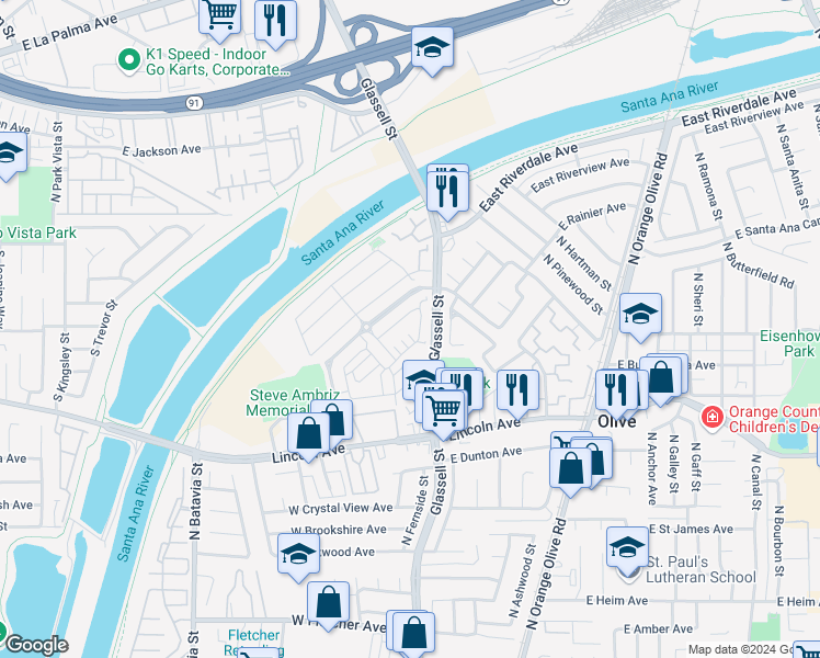 map of restaurants, bars, coffee shops, grocery stores, and more near 227 West Cork Tree Drive in Orange