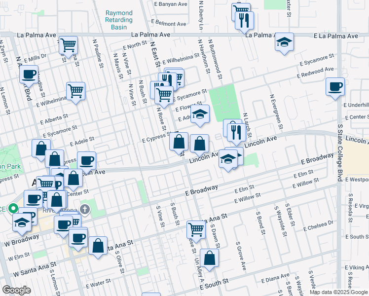 map of restaurants, bars, coffee shops, grocery stores, and more near 111 North East Street in Anaheim