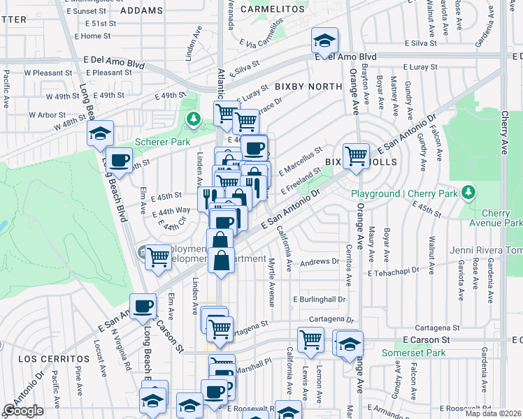 map of restaurants, bars, coffee shops, grocery stores, and more near 925 East San Antonio Drive in Long Beach