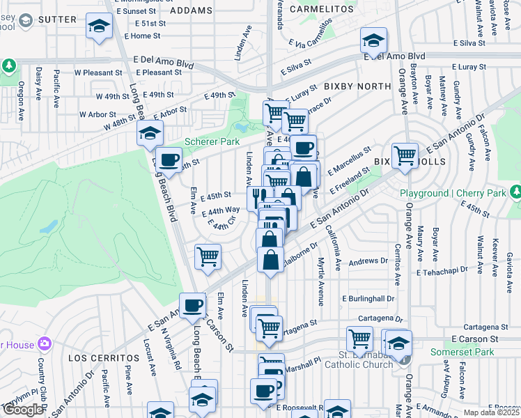 map of restaurants, bars, coffee shops, grocery stores, and more near 4462 Atlantic Avenue in Long Beach