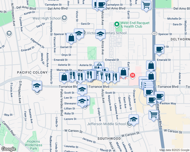 map of restaurants, bars, coffee shops, grocery stores, and more near 4705 Torrance Boulevard in Torrance