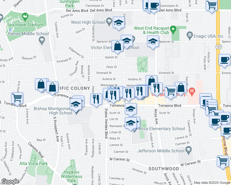 map of restaurants, bars, coffee shops, grocery stores, and more near 21104 Wood Avenue in Torrance