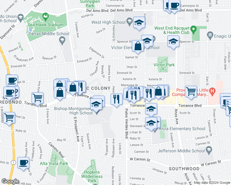map of restaurants, bars, coffee shops, grocery stores, and more near 5326 Lorna Street in Torrance