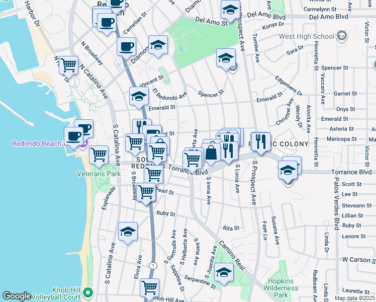 map of restaurants, bars, coffee shops, grocery stores, and more near 232 South Helberta Avenue in Redondo Beach
