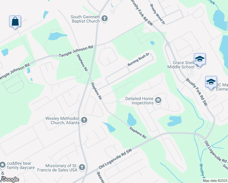map of restaurants, bars, coffee shops, grocery stores, and more near 3633 Squires Park Lane in Loganville
