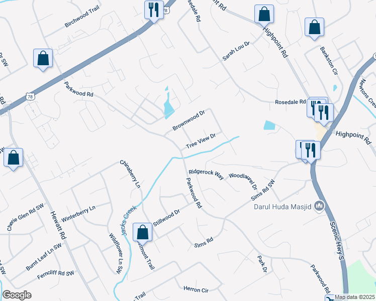 map of restaurants, bars, coffee shops, grocery stores, and more near 3612 Tree View Drive in Snellville