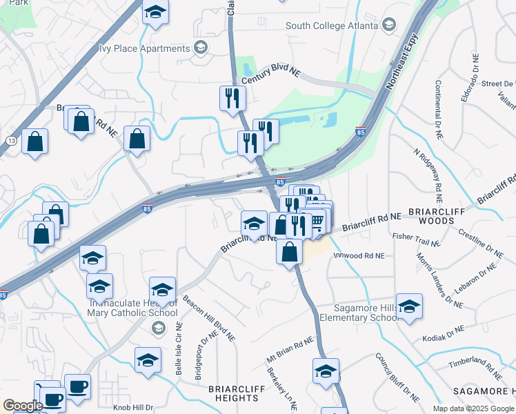 map of restaurants, bars, coffee shops, grocery stores, and more near 3044 Briarcliff Road Northeast in Atlanta