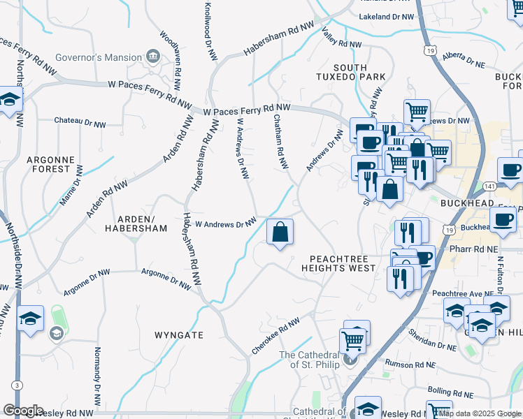 map of restaurants, bars, coffee shops, grocery stores, and more near 7 West Andrews Drive Northwest in Atlanta