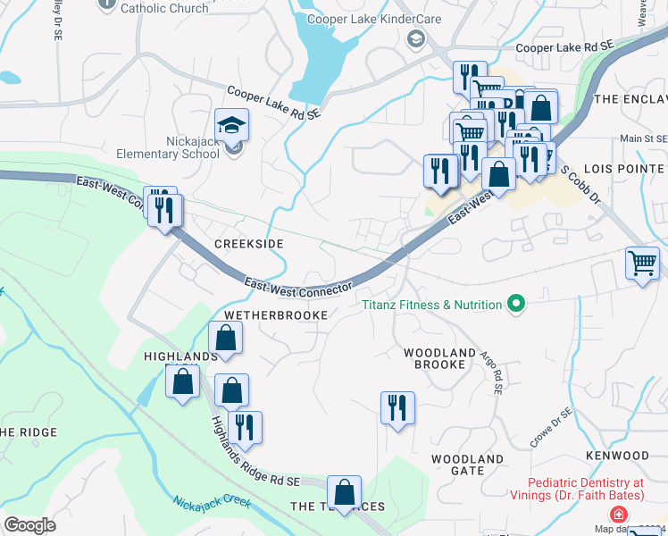 map of restaurants, bars, coffee shops, grocery stores, and more near 4664 Creekside Villas Way in Smyrna