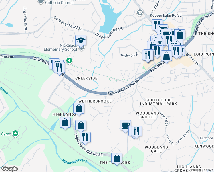 map of restaurants, bars, coffee shops, grocery stores, and more near 4702 Creekside Villas Way in Smyrna