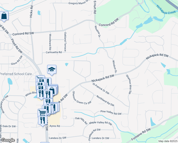 map of restaurants, bars, coffee shops, grocery stores, and more near 501 Benson Hurst Drive in Mableton