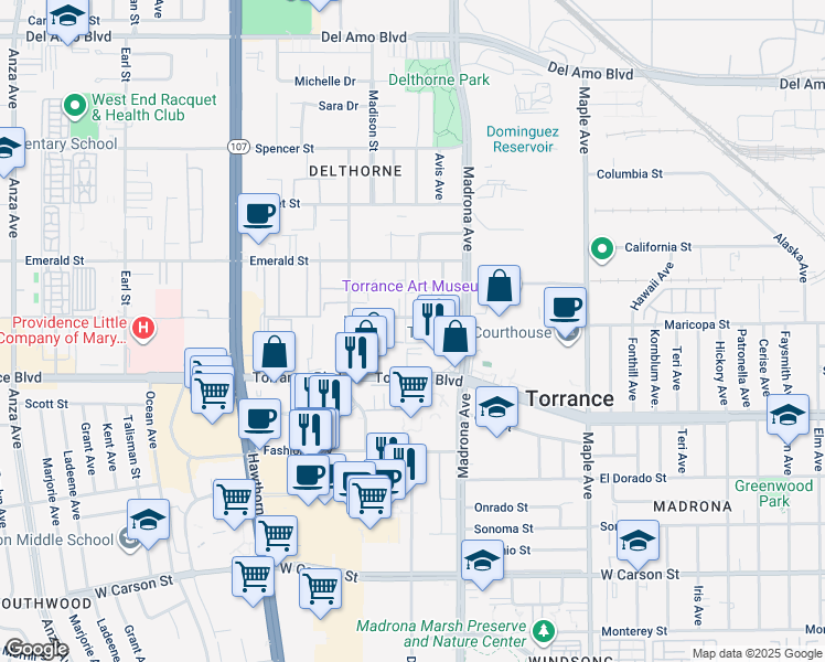 map of restaurants, bars, coffee shops, grocery stores, and more near 3450 Maricopa Street in Torrance