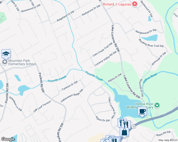 map of restaurants, bars, coffee shops, grocery stores, and more near 4758 Tarleton Drive Southwest in Lilburn