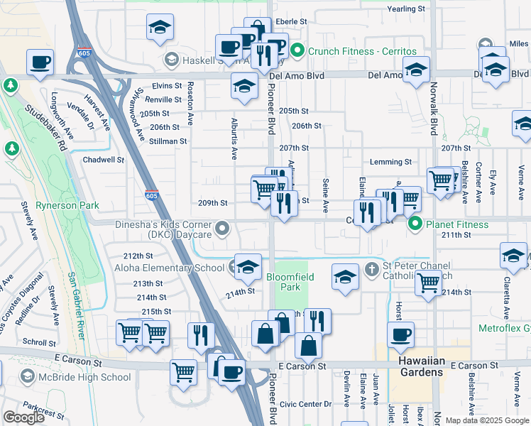 map of restaurants, bars, coffee shops, grocery stores, and more near 20917 Pioneer Boulevard in Lakewood