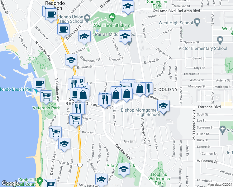 map of restaurants, bars, coffee shops, grocery stores, and more near 222 South Irena Avenue in Redondo Beach