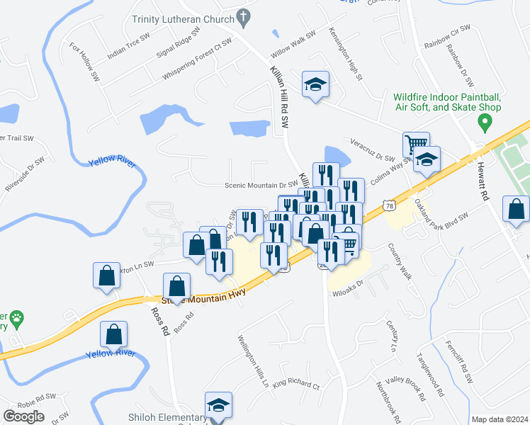 map of restaurants, bars, coffee shops, grocery stores, and more near 1610 Paxton Drive Southwest in Lilburn