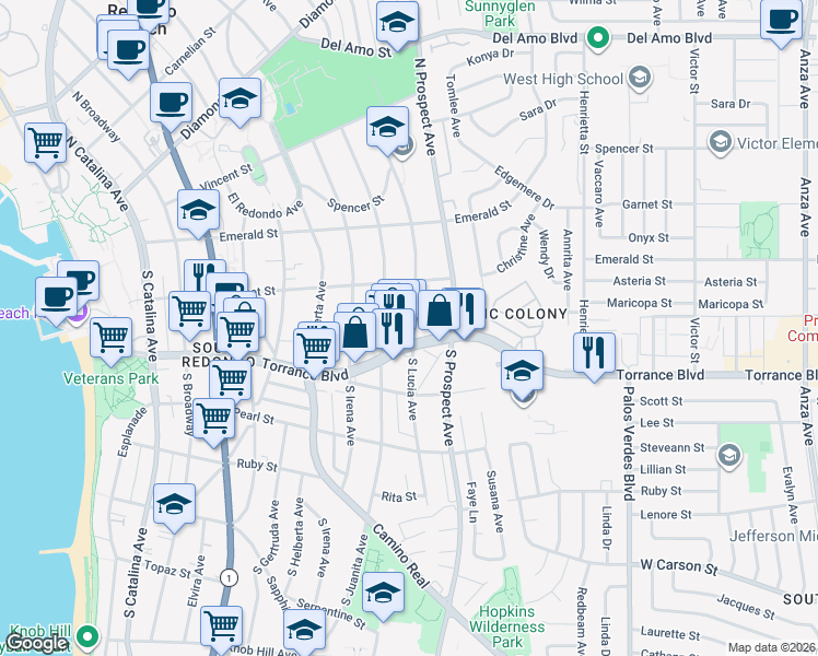 map of restaurants, bars, coffee shops, grocery stores, and more near 851 Torrance Boulevard in Redondo Beach