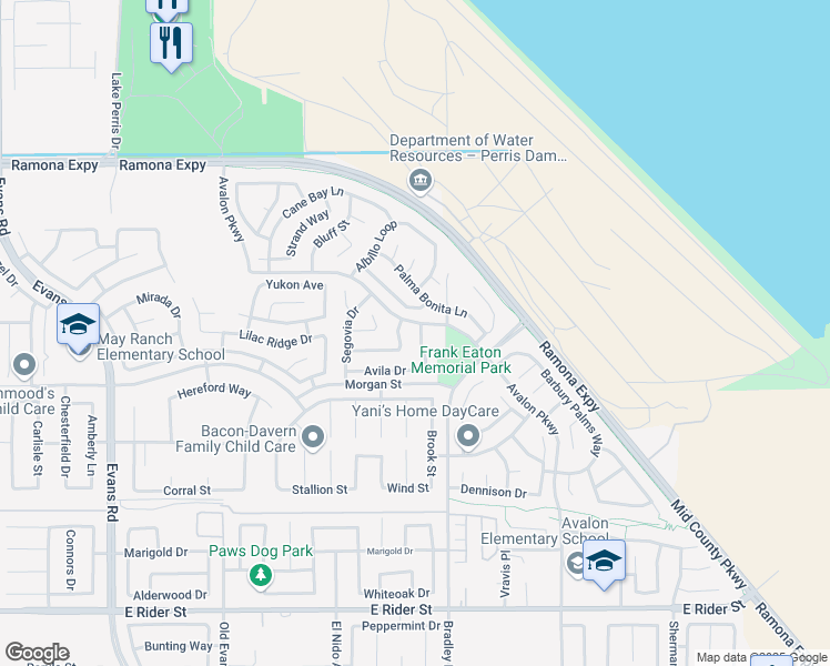map of restaurants, bars, coffee shops, grocery stores, and more near 3688 Alhambra Lane in Perris