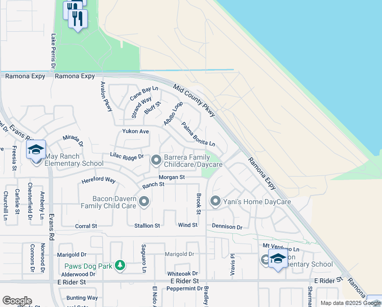 map of restaurants, bars, coffee shops, grocery stores, and more near 3688 Alhambra Lane in Perris