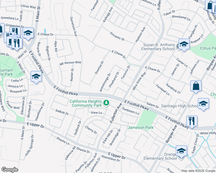 map of restaurants, bars, coffee shops, grocery stores, and more near 3162 Pinehurst Drive in Corona
