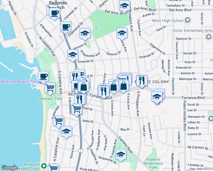 map of restaurants, bars, coffee shops, grocery stores, and more near 220 South Helberta Avenue in Redondo Beach
