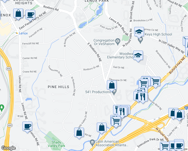 map of restaurants, bars, coffee shops, grocery stores, and more near 1226 Goodwin Road Northeast in Atlanta