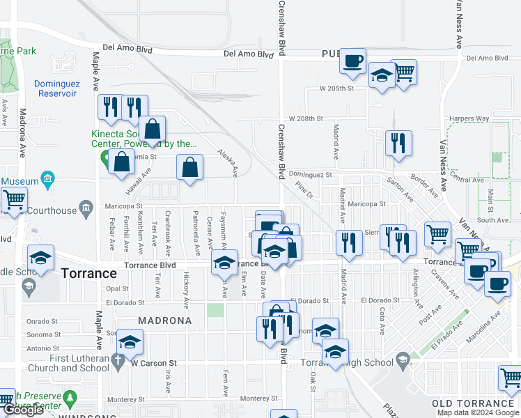 map of restaurants, bars, coffee shops, grocery stores, and more near 2530 Maricopa Street in Torrance