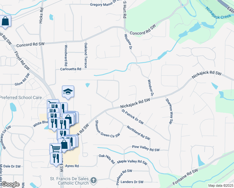 map of restaurants, bars, coffee shops, grocery stores, and more near 501 Benson Hurst Drive in Mableton