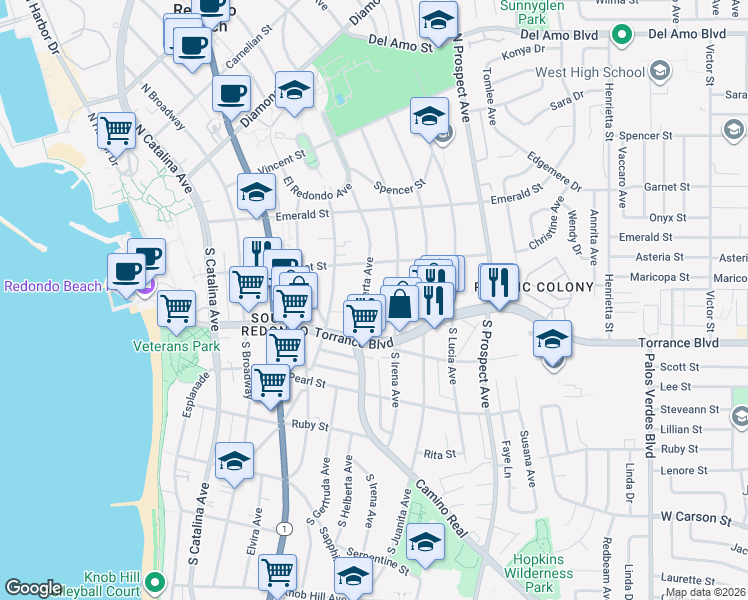 map of restaurants, bars, coffee shops, grocery stores, and more near 220 South Helberta Avenue in Redondo Beach