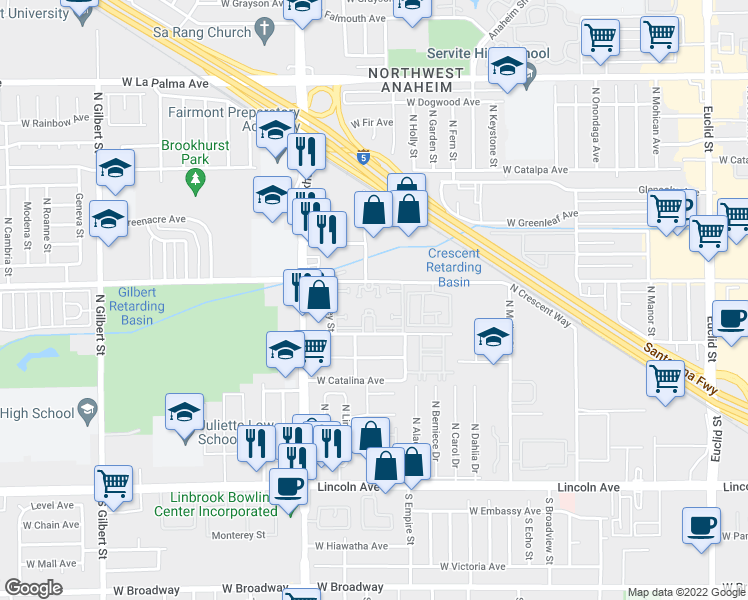 map of restaurants, bars, coffee shops, grocery stores, and more near 2130 West Crescent Avenue in Anaheim