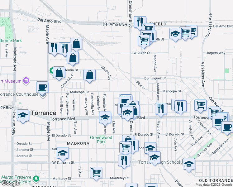 map of restaurants, bars, coffee shops, grocery stores, and more near 2546 Maricopa Street in Torrance