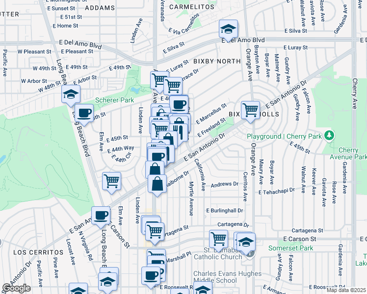 map of restaurants, bars, coffee shops, grocery stores, and more near 4505 California Avenue in Long Beach