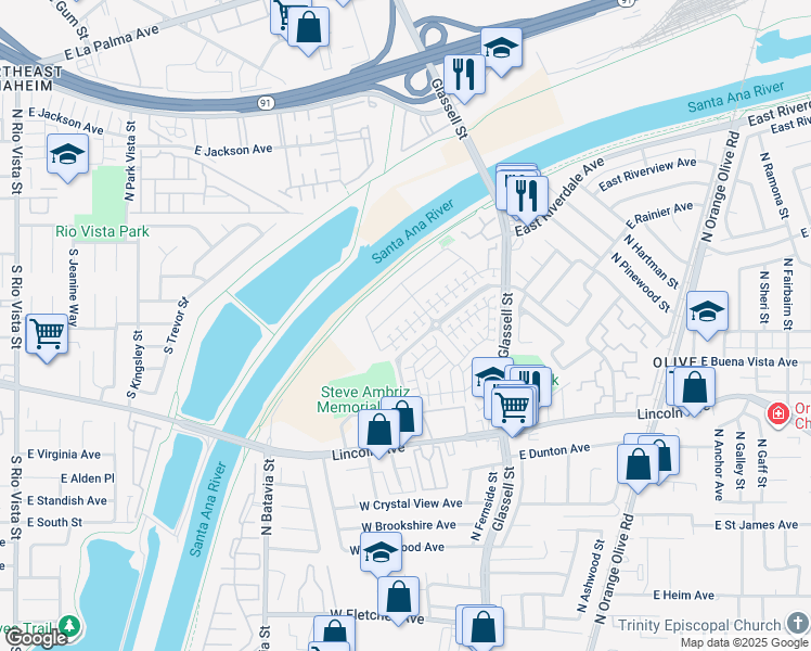 map of restaurants, bars, coffee shops, grocery stores, and more near 341 West Pebble Creek Lane in Orange