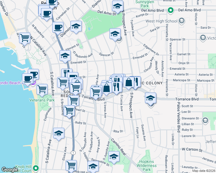 map of restaurants, bars, coffee shops, grocery stores, and more near 234 South Irena Avenue in Redondo Beach
