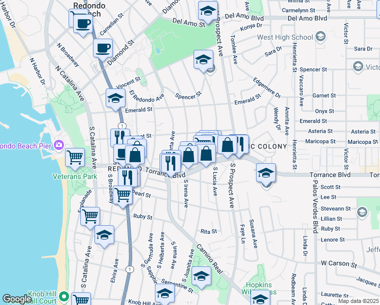 map of restaurants, bars, coffee shops, grocery stores, and more near 222 South Irena Avenue in Redondo Beach
