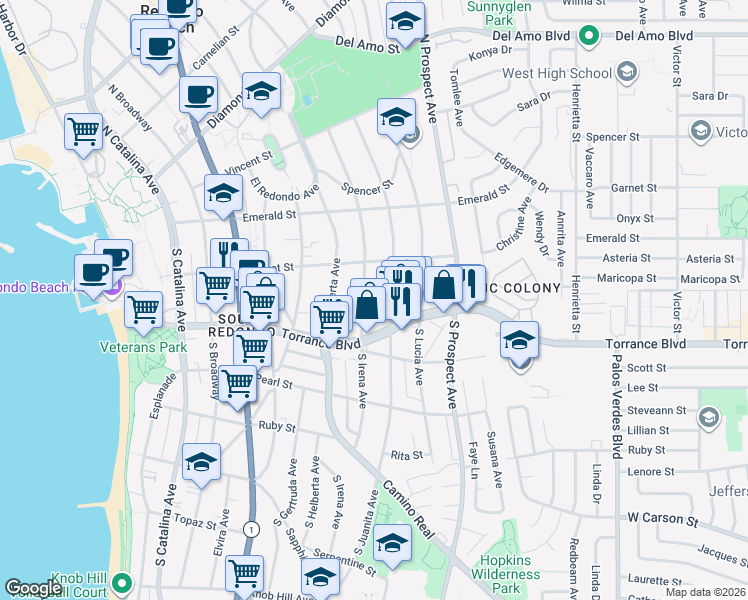 map of restaurants, bars, coffee shops, grocery stores, and more near 222 South Irena Avenue in Redondo Beach