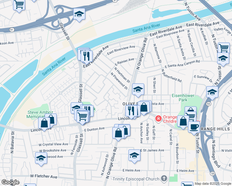 map of restaurants, bars, coffee shops, grocery stores, and more near 3000 North Woods Street in Orange