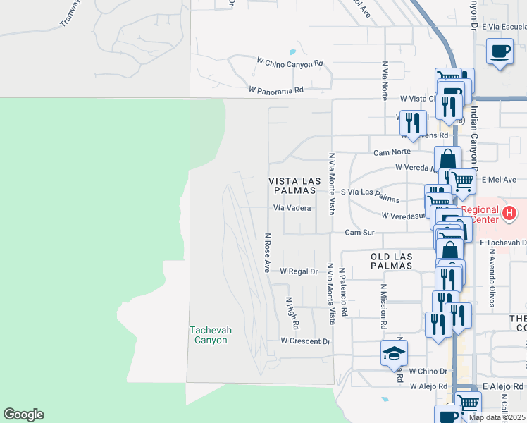 map of restaurants, bars, coffee shops, grocery stores, and more near 1189 North Rose Avenue in Palm Springs
