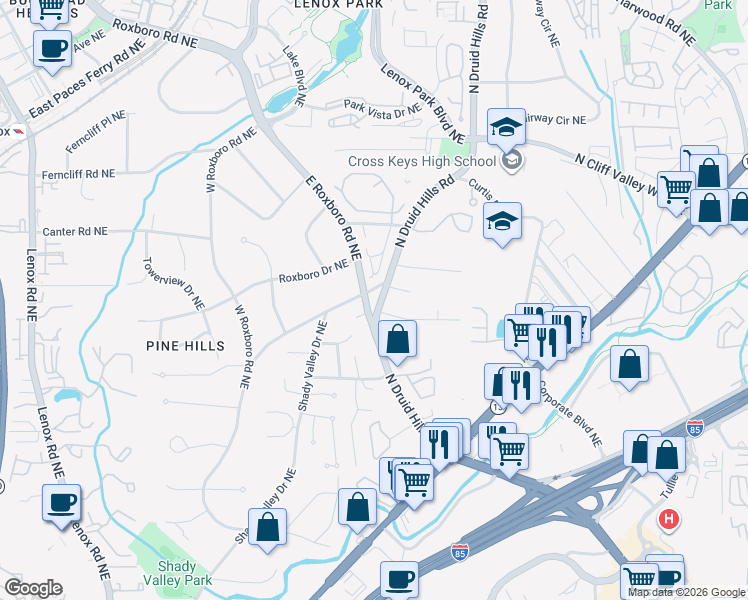 map of restaurants, bars, coffee shops, grocery stores, and more near 1908 South Roxboro Road Northeast in Atlanta