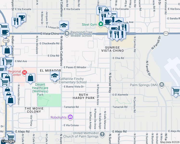 map of restaurants, bars, coffee shops, grocery stores, and more near 1253 Linda Vista Road in Palm Springs