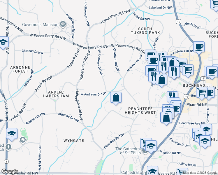 map of restaurants, bars, coffee shops, grocery stores, and more near 7 West Andrews Drive Northwest in Atlanta