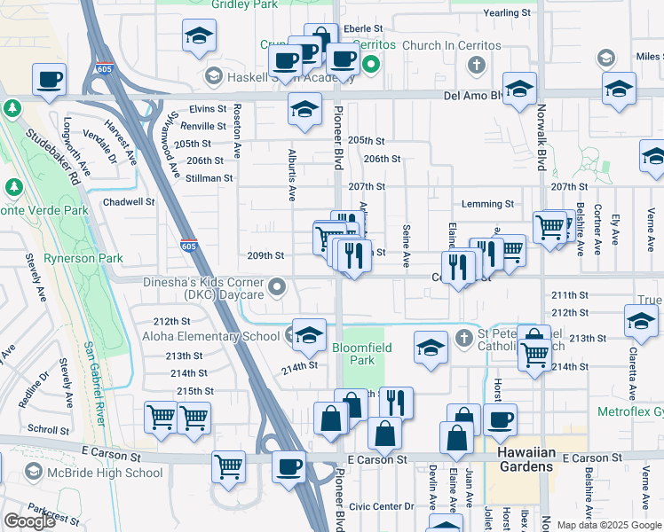map of restaurants, bars, coffee shops, grocery stores, and more near 20915 Pioneer Boulevard in Lakewood